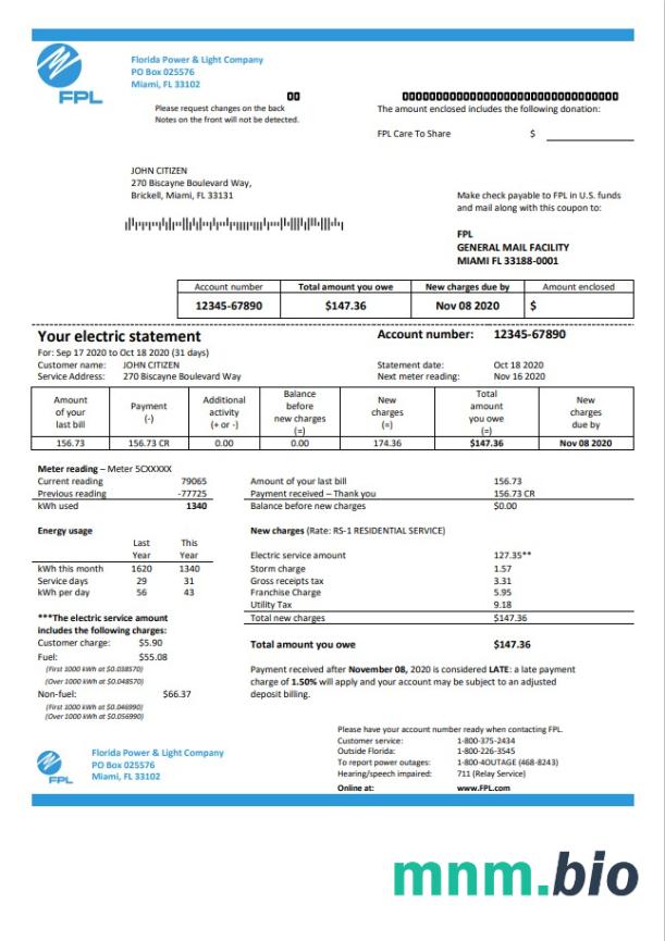 USA Florida Power & Light Firma (FPL) szablon rachunku za energię elektryczną w formacie Word i PDF